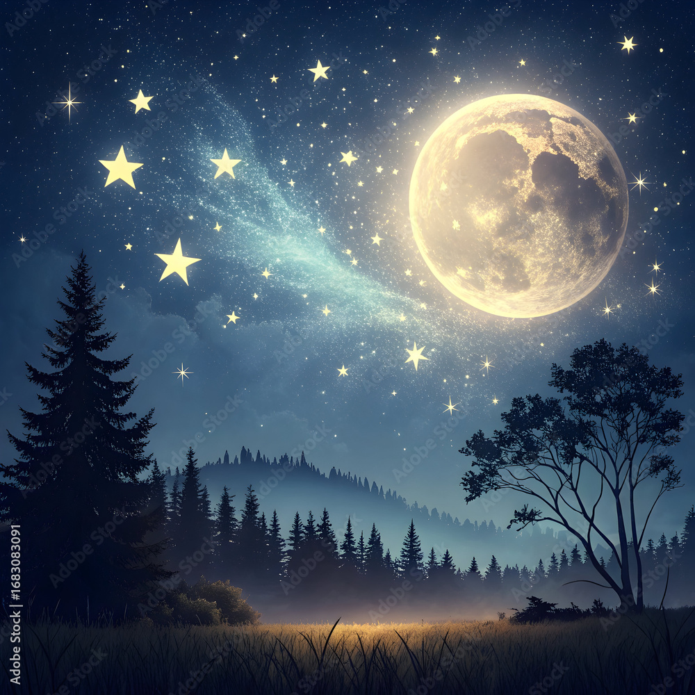 Fototapeta premium Glowing moon starry night sky over misty forest landscape stars galaxy