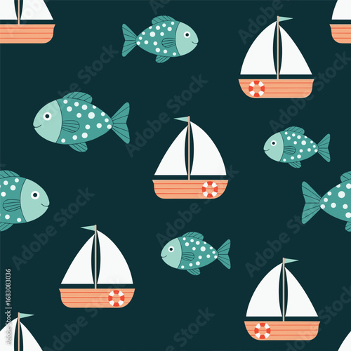Whimsical nautical pattern featuring sailing boats and playful fish in deep teal waters