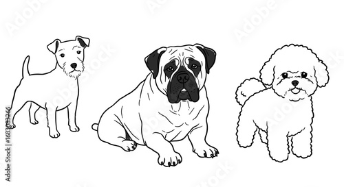 Three different dog icons in black on white, doodle style  
