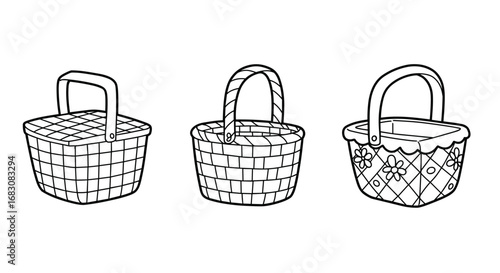 Outline set of three basket icons, black on white, doodle style  