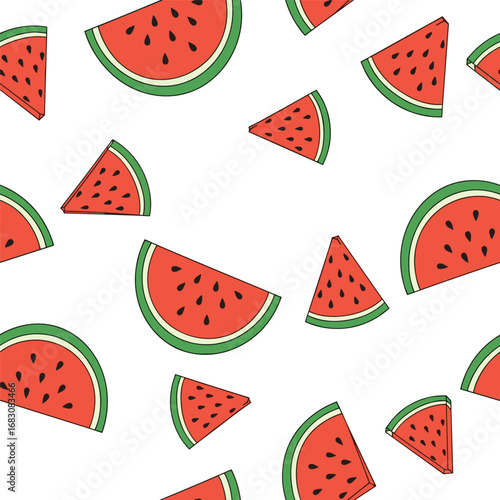 Seamless pattern of fresh sliced watermelon pieces and triangular wedges on a white background