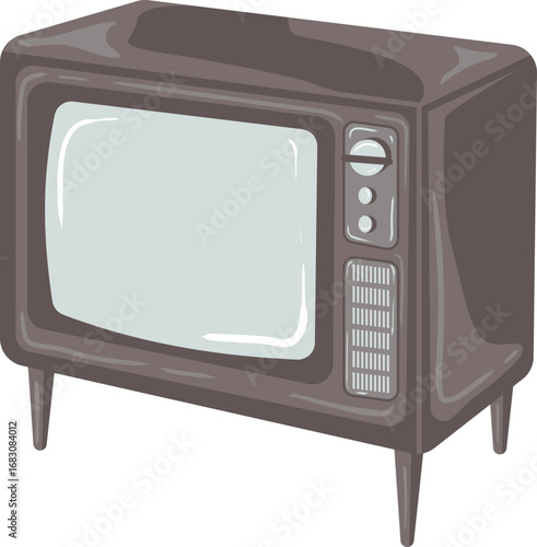 A vintage television set with a blank screen and four tapered legs, rendered in a retro illustration style.