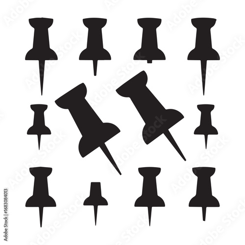 A set of push pin icons. silhouette on white background.