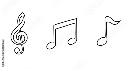 Outline set of 3 icons, black on white, doodle, music symbols  
