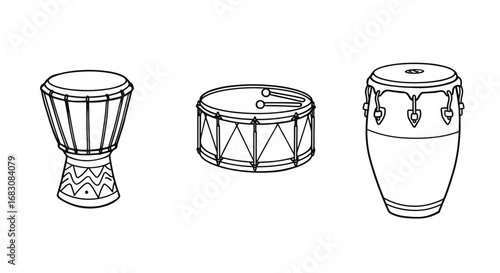 Outline set of 3 drums, black on white, doodle, different styles  