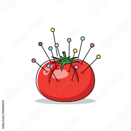A red ripe tomato covered with many colorful sewing pins used as a pincushion