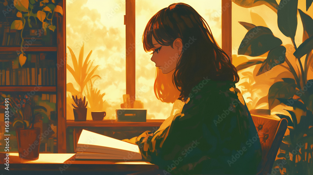 Fototapeta premium 読書に没頭する女性をカフェの椅子に描いた夢心地なイラスト。リラックスした表情が印象的で、柔らかなタッチが温もりを感じさせる癒しのアートワーク素材
