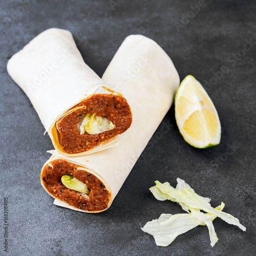 Traditional turkish food cigkofte. Cigkofte wrap.