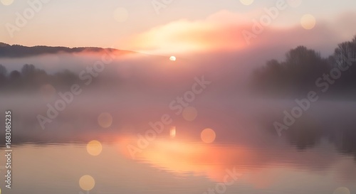 Peaceful sunrise over lake water with mist creating a dreamy effect