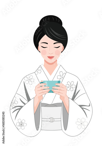 Japanese woman in a white kimono holding a teacup