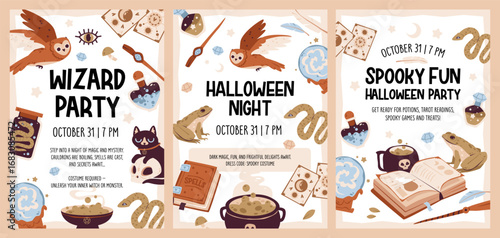 Halloween party invitation template .  Funny and scary cauldron, spellbook, owl and black cat. Festive witchcraft background, postcard for wizard event celebration. Halloween banner.