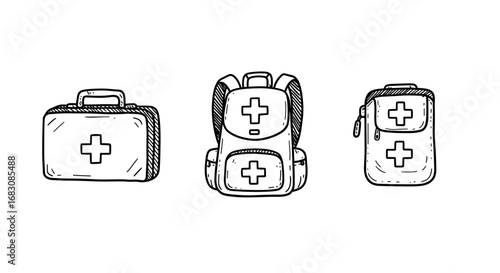 Outline Set 3 Icons, Black on White, Doodle, Different First Aid Kits  