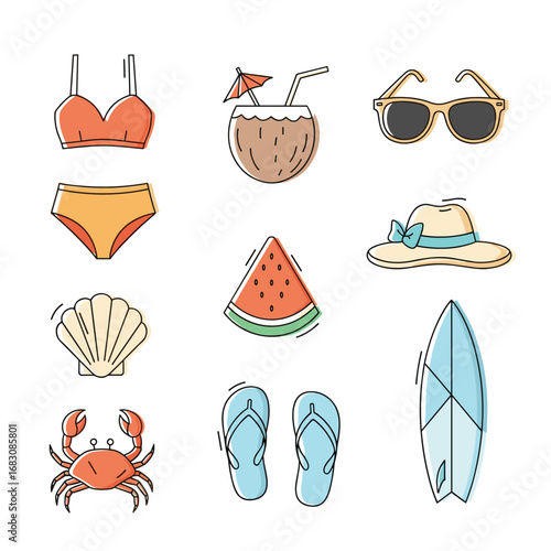 A fun summer collection of beach holiday items for relaxation and enjoyment