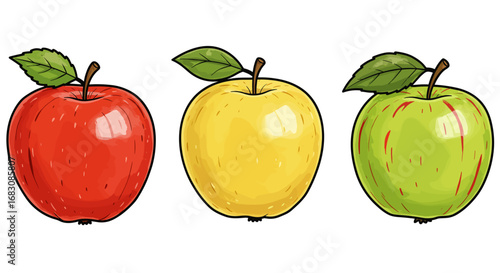 Illustration of three apples in different colors on white background  