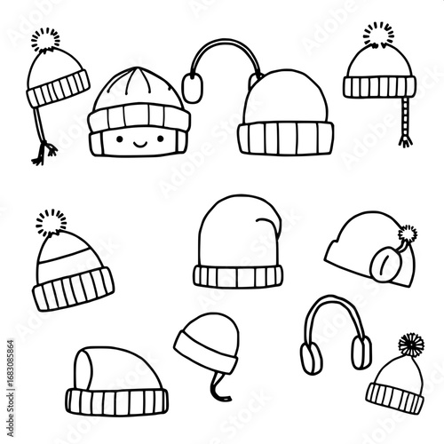 Minimal doodle drawings of 9 distinct winter hats, a silhouette set showcasing a playful variety of kids and adults cold weather headgear, including beanies, caps, and earmuffs, all featuring black ou