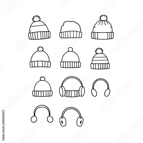 Minimal doodle drawings of 9 distinct winter hats, a silhouette set showcasing a playful variety of kids and adults cold weather headgear, including beanies, caps, and earmuffs, all featuring black ou