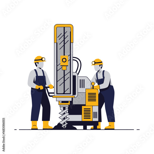 flat vector background of two miners operating a drill machine, isolated on white background