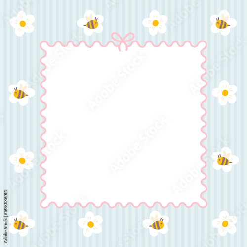 Cute kawaii template square vector frame with bees and chamomile flowers. Cartoon hand-drawn doodle style. for stationery, design stickers for notes, notebook sheets, posts for social networks.