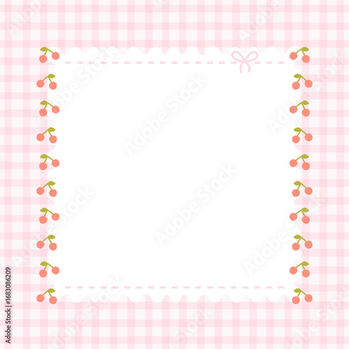 Cute kawaii Note template square vector frame with cherries. Cartoon hand-drawn doodle style. Perfect for stationery, design stickers for notes, notebook sheets, posts for social networks.
