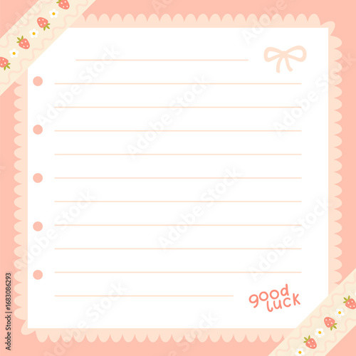 Cute kawaii template square vector frame with strawberries. Cartoon hand-drawn doodle style. for stationery, design stickers for notes, notebook sheets, posts for social networks. Pastel palette