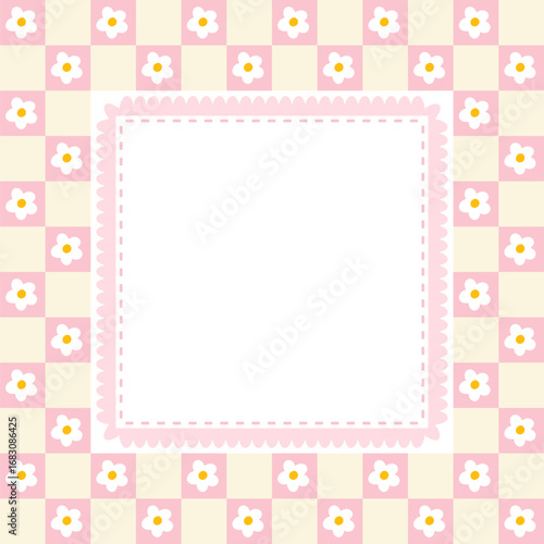 Cute kawaii template square vector frame with chamomile flowers on a chessboard. Cartoon hand-drawn doodle style. for stationery, design stickers for notes, posts for social networks