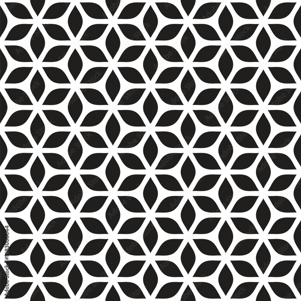 Fototapeta premium Seamless geometric pattern of interlocking black flower shapes on a white background