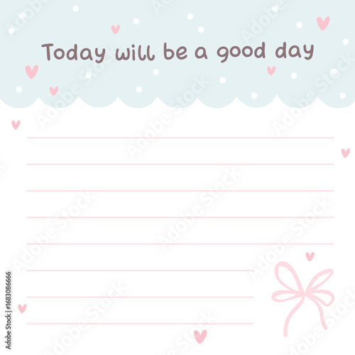 Cute kawaii template square vector frame with a flirty bow and a motivational phrase. Cartoon hand-drawn doodle style. for stationery, design stickers for notes, notebook, posts for social networks.