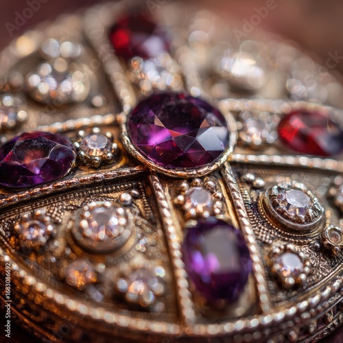 Macro shot of a vintage ornate cross brooch adorned with sparkling purple and red gemstones