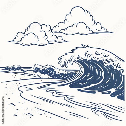 Powerful ocean wave crashing on a sandy beach under a cloudy sky in a stylized line art illustration