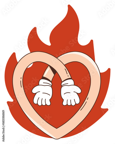 A stylized heart shape formed by intertwined arms with white gloves, engulfed in vibrant red flames, symbolizing passionate love or intense emotion.