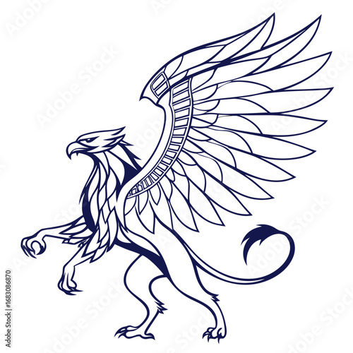 Majestic griffin with spread wings and fierce gaze in stylized outline art