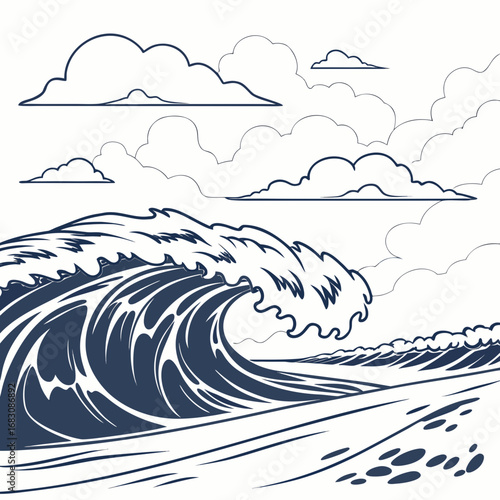 Majestic ocean wave cresting and breaking under a cloudy sky in a stylized graphic illustration