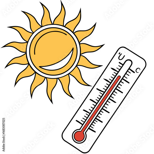 Stylized illustration of a bright yellow sun with a smiling face next to a thermometer showing high temperature