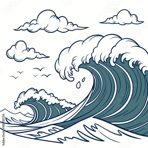 Stylized illustration of powerful ocean waves crashing with stylized clouds and birds in the sky