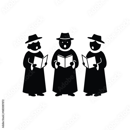 Black silhouette carol singers with books singing