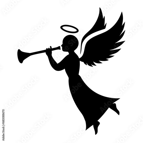 Angel Blowing Trumpet with Wings in Silhouette for Religious Themes, Spiritual Art, Holiday Cards, Music Symbolism, and Inspirational Content