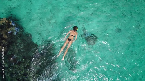 Slim girl snorkel crystal coral reef top down view. Slim sexy female in black bikini swim explore underwater wildlife. Tourist enjoy outdoor activity lifestyle, travel summer holiday tropical vacation