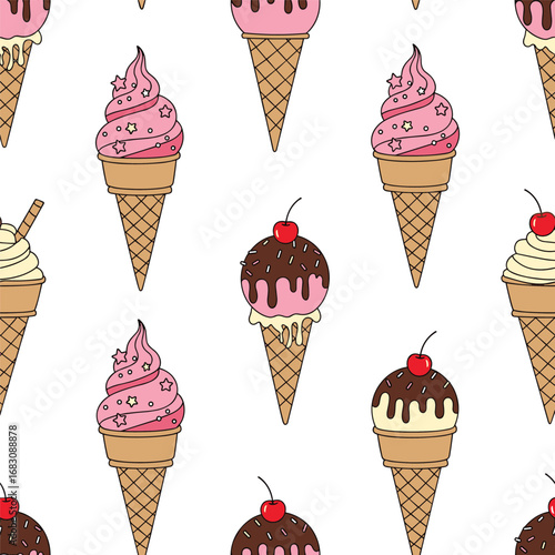 Delicious assortment of sweet frozen dessert cones with fruity toppings and creamy swirls