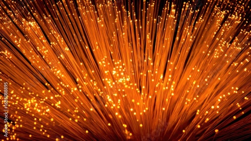 Closeup of glowing orange fiber optic strands creating a vibrant, abstract background with bokeh effect