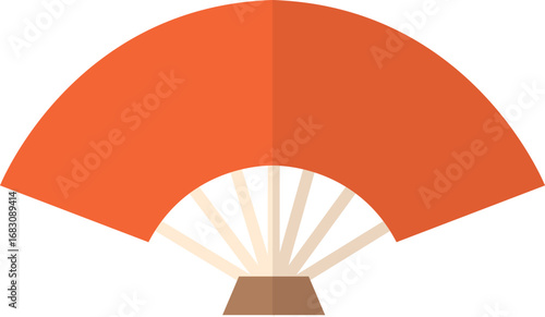 A flat, stylized illustration of an open, orange hand fan with white ribs and a brown handle.