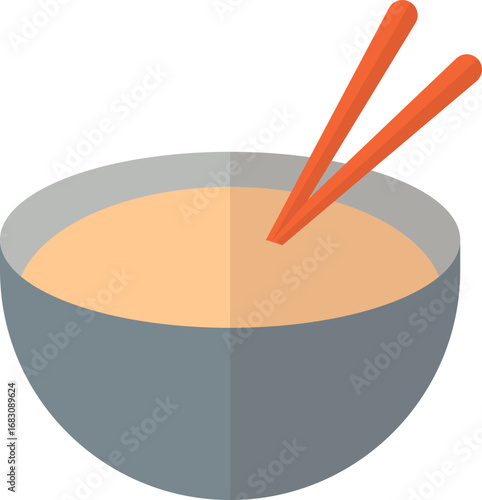 A bowl of light-colored soup, ready to eat, with chopsticks.