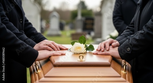 Two people are holding hands over a casket with a white rose. Scene is somber and respectful, as the two people are likely mourning the loss of a loved one