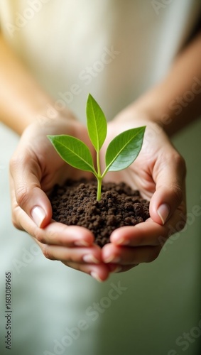 Top view of a human hands holding a small green plant.