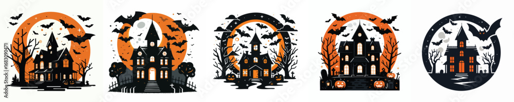 Fototapeta premium Creepy Haunted House Vector with Full Moon and Flying Bats