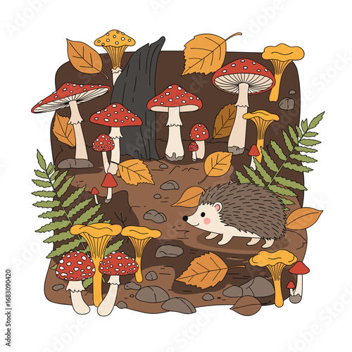 Charming woodland scene featuring a hedgehog amidst autumnal mushrooms and falling leaves