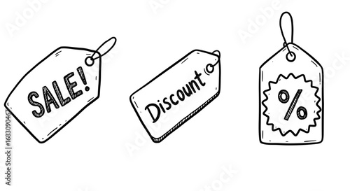 Outline set of 3 icons, black on white, doodle, different labels  