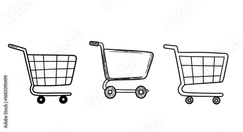 Outline Set 3 Icons, Black on White, Doodle, Different Shopping Carts  