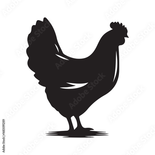 A black silhouette of a chicken against a white background.