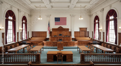 An empty, classic American courtroom featuring a judge's bench, jury boxes, and audience seating. The room has high ceilings, detailed wooden panels, and large windows with red velvet curtains
