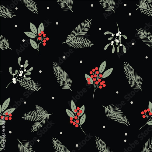 Beautiful vintage christmas winter holiday pattern design with pine needles holly berries and mistletoe on black background